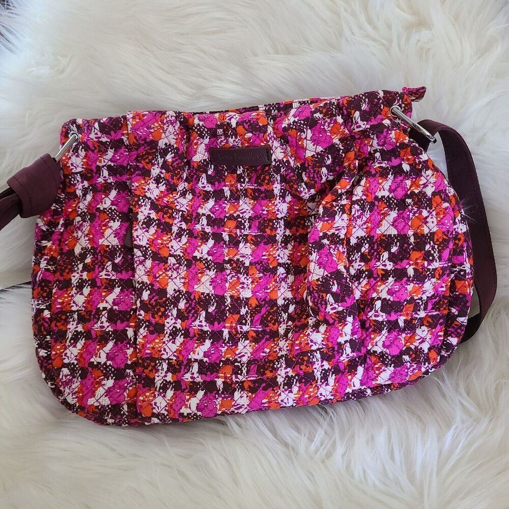 Vera Bradley Hadley Houndstooth Tweed Crossbody Pink Orange Purple Plum Bag Euc - Picture 1 of 4